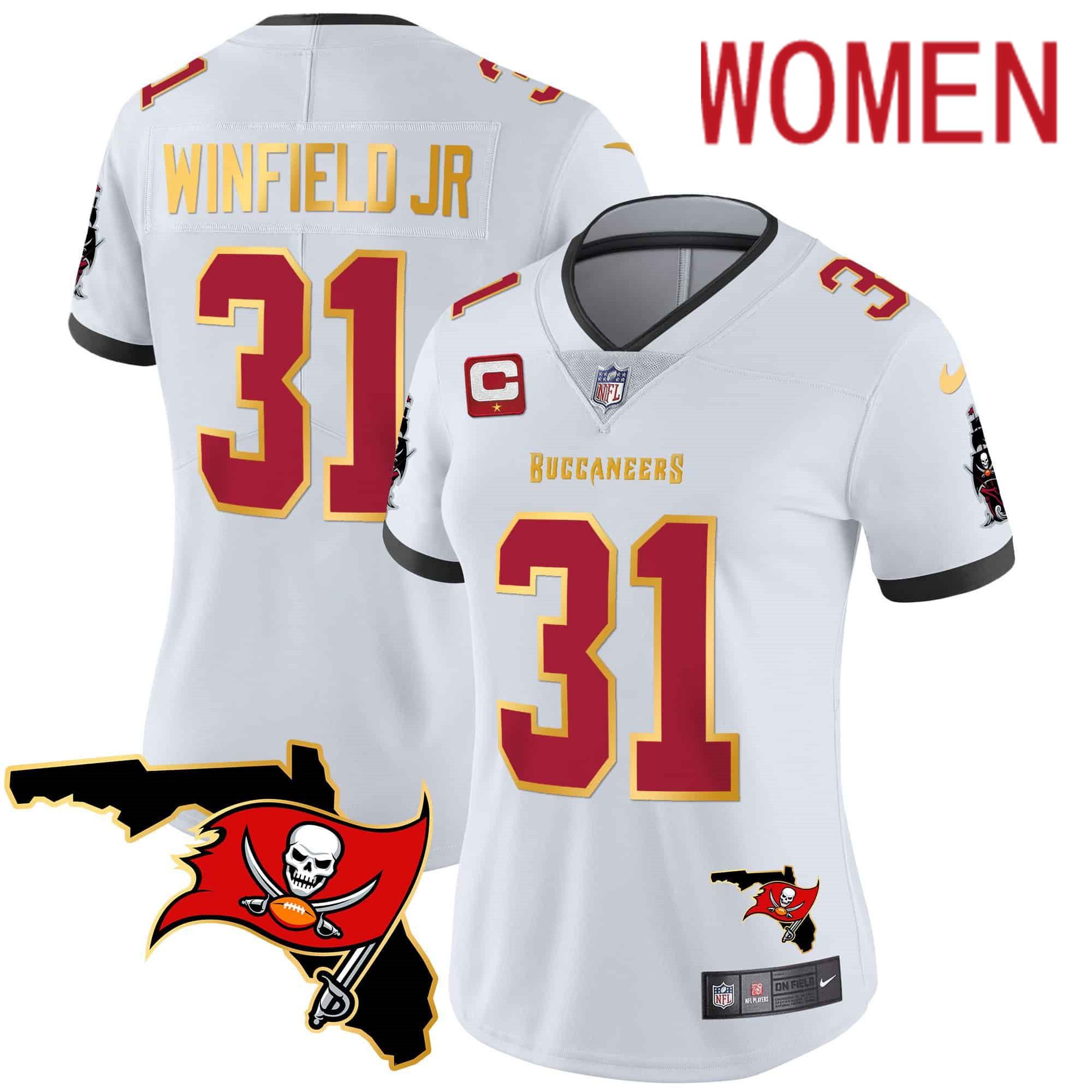 Women Tampa Bay Buccaneers 31 Winfield jr White 2024 Nike Florida Patch Gold Trim Vapor NFL Jersey